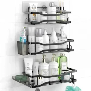 Shower Caddy Bathroom Organizer Shelf: Self Adhesive Shower Rack with Soap Shampoo Holder - Rustproof Stainless Bath Caddy for Inside shower Black