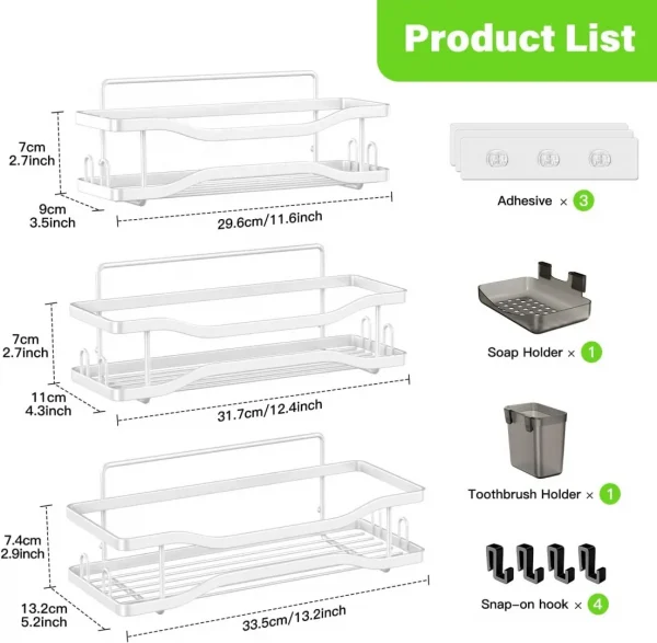 Shower Caddy Bathroom Organizer Shelf: Self Adhesive Shower Rack with Soap Shampoo Holder - Rustproof Stainless Bath Caddy for Inside shower (White)