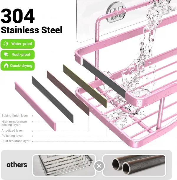 Shower Caddy Bathroom Organizer Shelf: Self Adhesive Shower Rack with Soap Shampoo Holder - Rustproof Stainless Bath Caddy for Inside shower (Pink)