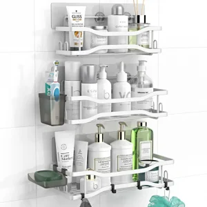 Shower Caddy Bathroom Organizer Shelf: Self Adhesive Shower Rack with Soap Shampoo Holder - Rustproof Stainless Bath Caddy for Inside shower (White)