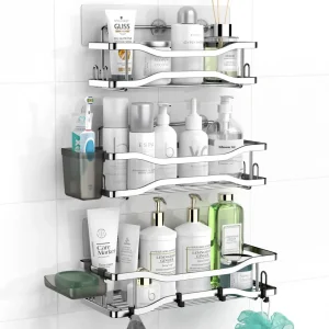 Shower Caddy Bathroom Organizer Shelf: Self Adhesive Shower Rack with Soap Shampoo Holder - Rustproof Stainless Bath Caddy for Inside shower (Chrome)