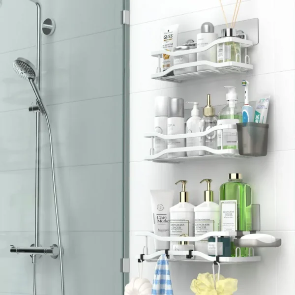 Shower Caddy Bathroom Organizer Shelf: Self Adhesive Shower Rack with Soap Shampoo Holder - Rustproof Stainless Bath Caddy for Inside shower (White)