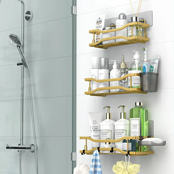 Shower Caddy Bathroom Organizer Shelf: Self Adhesive Shower Rack with Soap Shampoo Holder - Rustproof Stainless Bath Caddy for Inside shower (Gold)