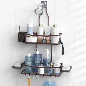 Hanging Shower Caddy Bathroom Organizer: Rustproof Shower Shelf Racks Over Shower Head - No Drilling Inside Bath Shower Rack Shelves Over Showerhead for Shampoo with Soap Holder Bronze