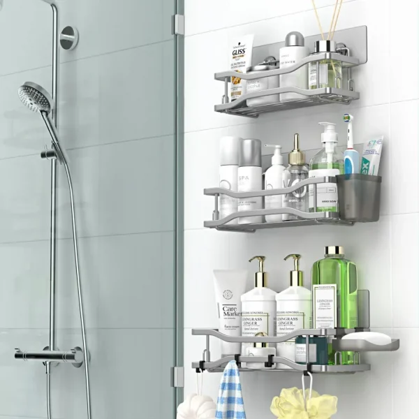 Shower Caddy Bathroom Organizer Shelf: Self Adhesive Shower Rack with Soap Shampoo Holder - Rustproof Stainless Bath Caddy for Inside shower Silver