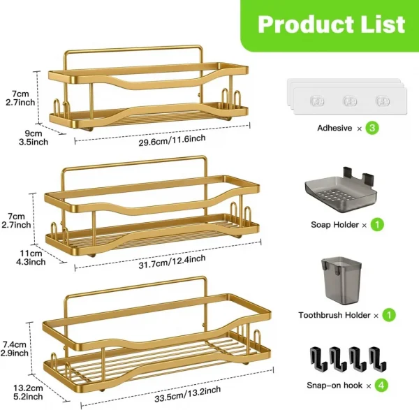 Shower Caddy Bathroom Organizer Shelf: Self Adhesive Shower Rack with Soap Shampoo Holder - Rustproof Stainless Bath Caddy for Inside shower (Gold)