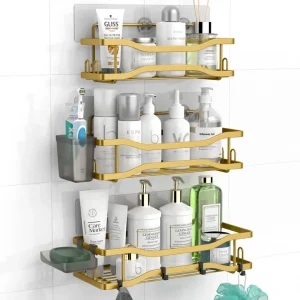 Shower Caddy Bathroom Organizer Shelf: Self Adhesive Shower Rack with Soap Shampoo Holder - Rustproof Stainless Bath Caddy for Inside shower (Gold)