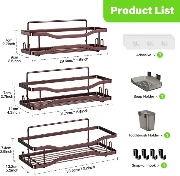 Shower Caddy Bathroom Organizer Shelf: Self Adhesive Shower Rack with Soap Shampoo Holder - Rustproof Stainless Bath Caddy for Inside shower (Bronze)