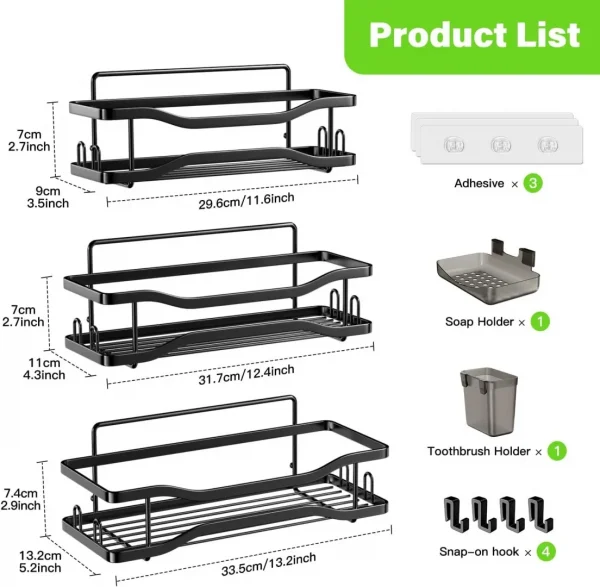 Shower Caddy Bathroom Organizer Shelf: Self Adhesive Shower Rack with Soap Shampoo Holder - Rustproof Stainless Bath Caddy for Inside shower Black