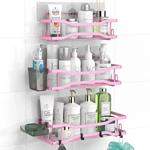 Shower Caddy Bathroom Organizer Shelf: Self Adhesive Shower Rack with Soap Shampoo Holder - Rustproof Stainless Bath Caddy for Inside shower (Pink)