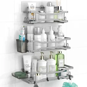 Shower Caddy Bathroom Organizer Shelf: Self Adhesive Shower Rack with Soap Shampoo Holder - Rustproof Stainless Bath Caddy for Inside shower Silver