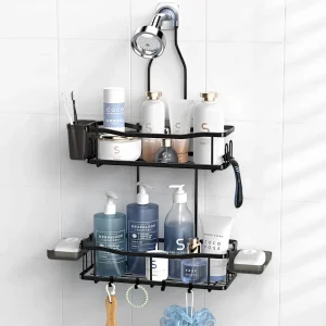 Hanging Shower Caddy Bathroom Organizer: Rustproof Shower Shelf Racks Over Shower Head - No Drilling Inside Bath Shower Rack Shelves Over Showerhead for Shampoo with Soap Holder Black