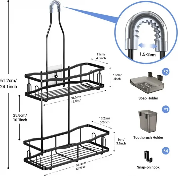 Hanging Shower Caddy Bathroom Organizer: Rustproof Shower Shelf Racks Over Shower Head - No Drilling Inside Bath Shower Rack Shelves Over Showerhead for Shampoo with Soap Holder Black