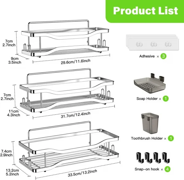 Shower Caddy Bathroom Organizer Shelf: Self Adhesive Shower Rack with Soap Shampoo Holder - Rustproof Stainless Bath Caddy for Inside shower (Chrome)