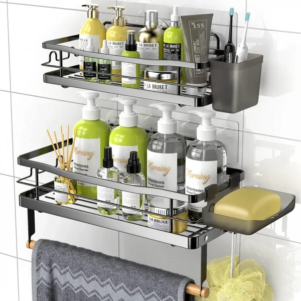 Shower Caddy Shelf Organizer Rack: Self Adhesive Black Bathroom Shelves - Rustproof No-Drilling Stainless Steel Shower Storage for Inside Shower