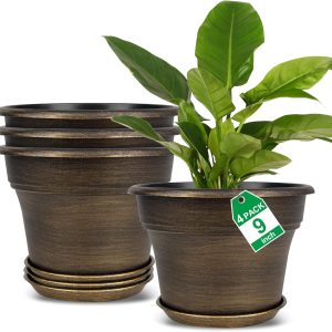 Aitatty 4-Pack 9-Inch Plant Planters - Plastic Flower Pots with Drainage Holes and Trays, Resin Decorative Containers with Saucers for Indoor and Outdoor Use, Dark Gold