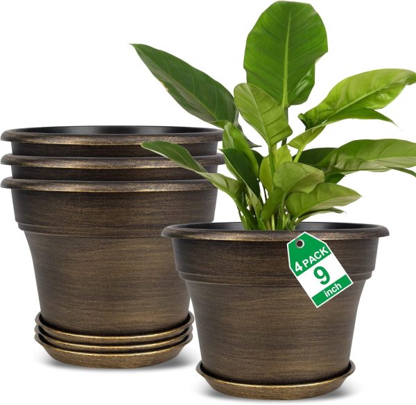 Aitatty 4-Pack 9-Inch Plant Planters - Plastic Flower Pots with Drainage Holes and Trays, Resin Decorative Containers with Saucers for Indoor and Outdoor Use, Dark Gold