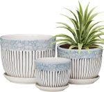 Aitatty Set of 3 Grey Ceramic Flower Pots with Saucers - Textured Planters for Indoor Plants, Cute Garden Succulent Pots