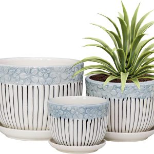 Aitatty Set of 3 Grey Ceramic Flower Pots with Saucers - Textured Planters for Indoor Plants, Cute Garden Succulent Pots