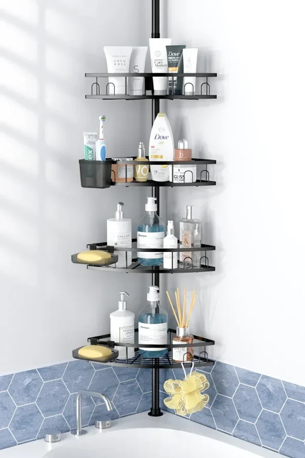 Aitatty Shower Caddy with Tension Pole: 4 Tier Adjustable Corner Shower Organizer for Bath Essentials, 43.5 to 120 Inch, Black
