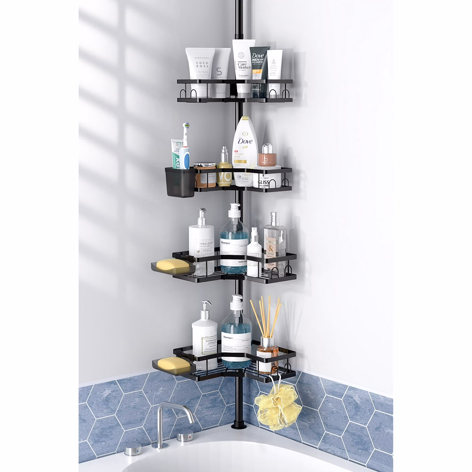 Aitatty Shower Caddy with Tension Pole: 4 Tier Adjustable L-shaped Corner Shower Organizer for Bath Essentials, 43.5 to 120 Inch, Black