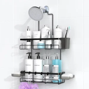 Aitatty Shower Caddy over Shower Head: Stainless Steel Bathroom Organizer for Shampoo with Soap Holder, Hooks, Toothbrush Holder- Black
