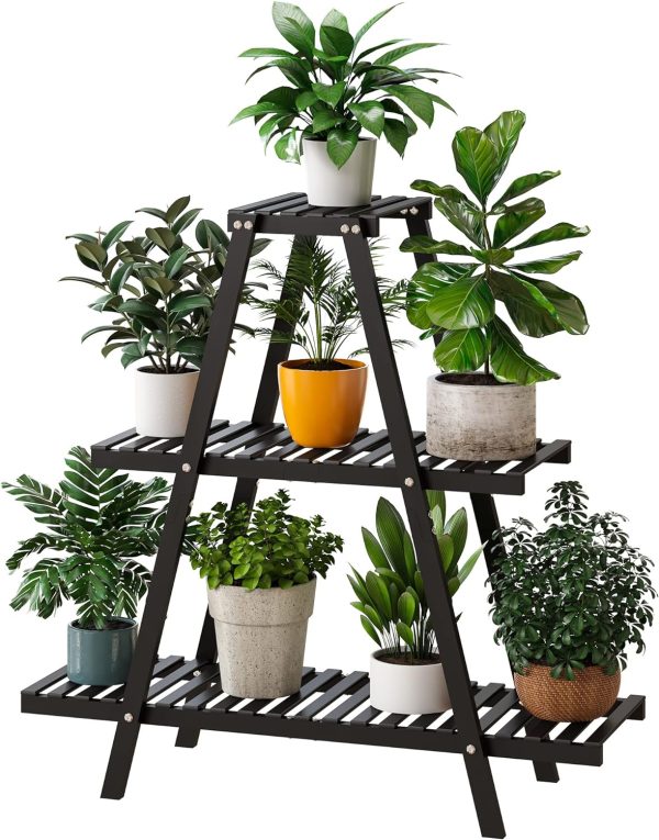 Aitatty 3-Tier Plant Stand: Indoor/Outdoor Black Ladder Shelf for Multiple Plants, Holds 8 Potted Flowers, Ideal for Living Room, Patio, and Balcony