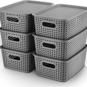 Aitatty 6-Pack Lidded Plastic Storage Baskets: Knit Organizer Bins for Shelves, Drawers, Desktops, Closets, Playrooms, Classrooms, and Offices