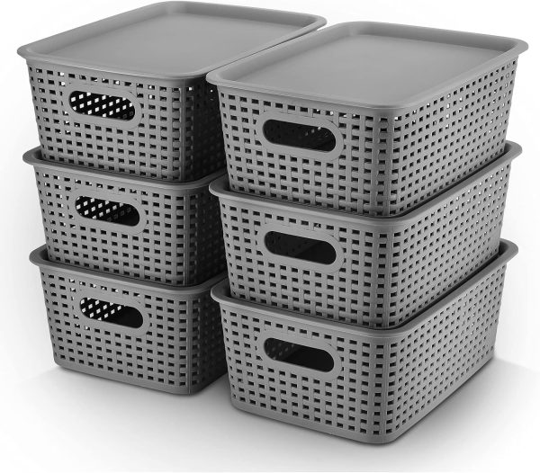 Aitatty 6-Pack Lidded Plastic Storage Baskets: Knit Organizer Bins for Shelves, Drawers, Desktops, Closets, Playrooms, Classrooms, and Offices