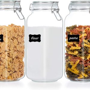 Aitatty 78oz Glass Food Storage Jars with Airtight Clamp Lids, 3 Pack - Large Kitchen Canisters for Flour, Cereal, Coffee, Pasta, and Canning - Square Mason Jars with 8 Chalkboard Labels