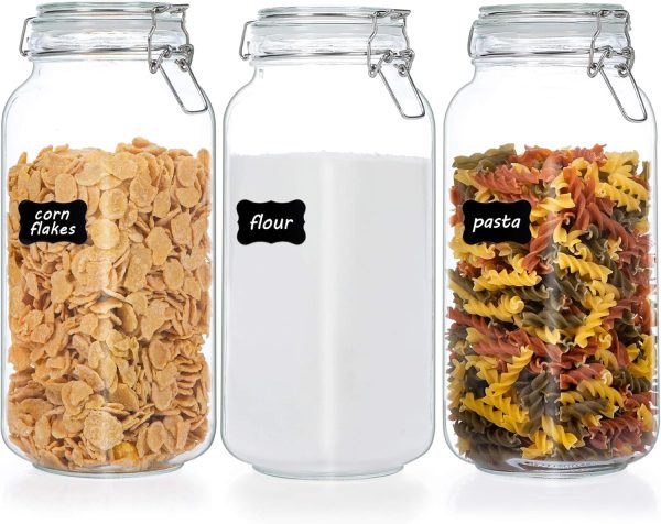 Aitatty 78oz Glass Food Storage Jars with Airtight Clamp Lids, 3 Pack - Large Kitchen Canisters for Flour, Cereal, Coffee, Pasta, and Canning - Square Mason Jars with 8 Chalkboard Labels