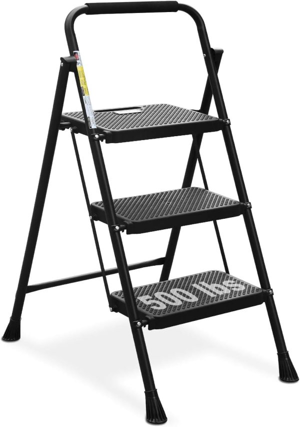 Aitatty 3-Step Folding Ladder - 500 lbs Capacity, Wide Anti-Slip Pedals, Lightweight and Portable with Handgrip, Black