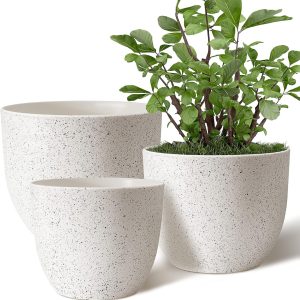 Aitatty Set of 3 Plant Pots - 10", 9", 8" Speckled White Flower Planters with Drainage Holes for Indoor and Outdoor Use