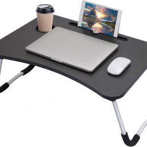 Aitatty Black Lap Desk-Foldable Laptop Table with Foldable Leg,Phone Groove,Cup Slot for Reading Writing on Bed