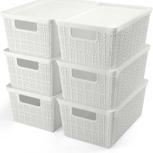 Aitatty Set of 6 Multi-Use Plastic Storage Bins with Lids - White: Household Organizers for Shelves, Drawers, Desk, Closet, Pantry, Playroom, Classroom, and Office