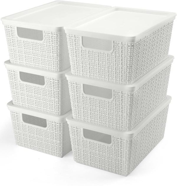 Aitatty Set of 6 Multi-Use Plastic Storage Bins with Lids - White: Household Organizers for Shelves, Drawers, Desk, Closet, Pantry, Playroom, Classroom, and Office