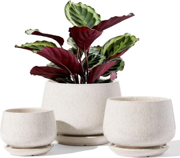 Aitatty Ceramic Plant Pots Set of 3 - 4.1", 5.1", 6.5" Planters with Drainage Holes and Saucers, Indoor Flower Pots with Mesh Pads, Reactive Glaze Beige - Perfect Gift for Mom