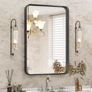 Aitatty 30x22 Inch Matte Black Metal Framed Vanity Bathroom Mirror - Rounded Rectangle Wall Mirror for Over Sink, Modern Decorative Mirror for Restroom, Farmhouse Style, Hangs Horizontally, Vertically