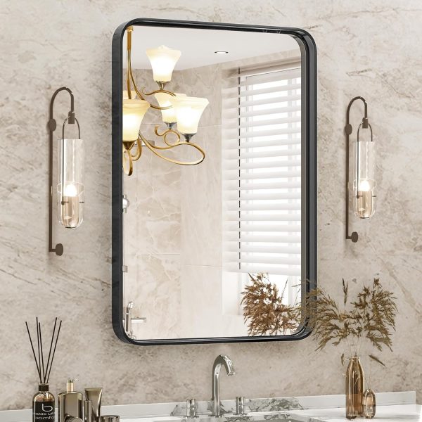 Aitatty 30x22 Inch Matte Black Metal Framed Vanity Bathroom Mirror - Rounded Rectangle Wall Mirror for Over Sink, Modern Decorative Mirror for Restroom, Farmhouse Style, Hangs Horizontally, Vertically
