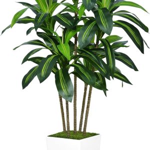 Aitatty Artificial Dracaena Tree, 5FT - Faux Tree in White Tall Planter - Fake Tropical Yucca Floor Plant - Artificial Silk Tree for Home Office Living Room Decor Indoor