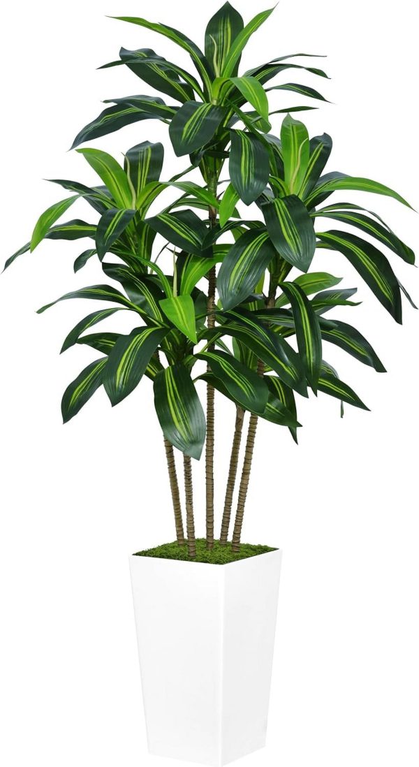 Aitatty Artificial Dracaena Tree, 5FT - Faux Tree in White Tall Planter - Fake Tropical Yucca Floor Plant - Artificial Silk Tree for Home Office Living Room Decor Indoor