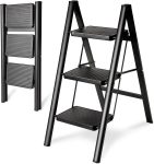 Aitatty Sturdy 3-Step Folding Ladder - 330 lbs Capacity, Full Steel, Anti-Slip Pedals, Ideal for Kitchen and Closet, Black