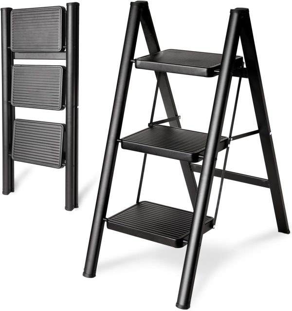 Aitatty Sturdy 3-Step Folding Ladder - 330 lbs Capacity, Full Steel, Anti-Slip Pedals, Ideal for Kitchen and Closet, Black
