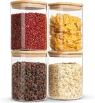 Aitatty 37fl.oz Glass Storage Containers with Bamboo Lids - Clear Square Food Jars for Pantry Organization, Set of 4 - Perfect for Noodles, Flour, Cereal, Rice, Sugar, Tea, and Coffee Beans
