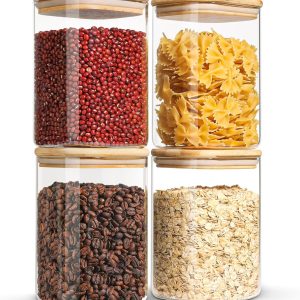 Aitatty 37fl.oz Glass Storage Containers with Bamboo Lids - Clear Square Food Jars for Pantry Organization, Set of 4 - Perfect for Noodles, Flour, Cereal, Rice, Sugar, Tea, and Coffee Beans