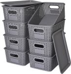 Aitatty Stackable Plastic Storage Baskets with Lids - Gray, 8-Pack: Ideal for Organizing Shelves, Drawers, Desktops, Closets, Playrooms, Classrooms, and Offices