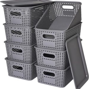 Aitatty Stackable Plastic Storage Baskets with Lids - Gray, 8-Pack: Ideal for Organizing Shelves, Drawers, Desktops, Closets, Playrooms, Classrooms, and Offices