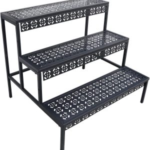 Aitatty Large 3-Tier Stair-Step Metal Plant Stand: Black Rectangular Garden Display Shelf and Flower Pot Holder for Indoor and Outdoor Spaces