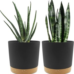 Aitatty Set of 2 Plant Pots - 8 Inch Planters for Indoor Plants with Drainage Holes and Removable Saucers, Modern Decorative Outdoor Garden Planters in Dark Grey