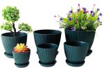 Aitatty Set of 6 Plant Planters with Drainage Holes and Trays - Various Size Plastic Pots for Indoor and Outdoor Flowers, Dark Green